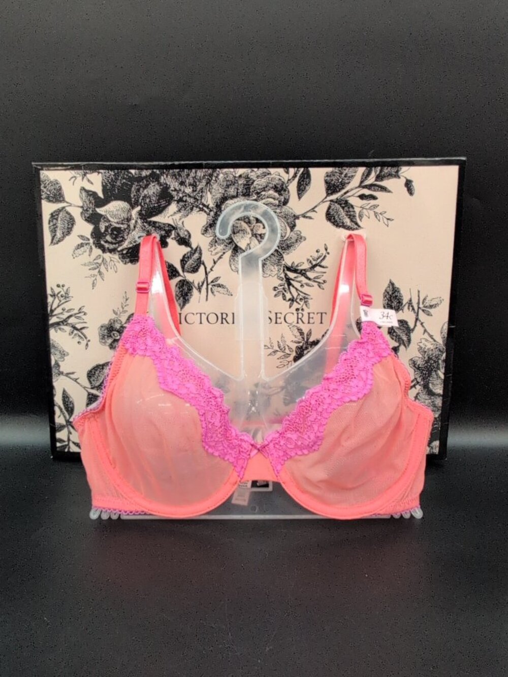 Victoria Secret Tease Lace Trim Unlined Demi Bra 34C Coral New Peony